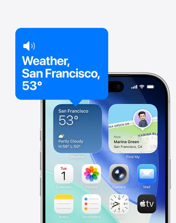 Po?etni zaslon iPhonea, ikona widgeta Vrijeme koju VoiceOver ?ita naglas