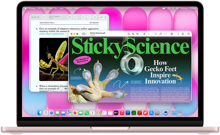 Prikaz MacBooka Neo u rumenoj boji, na ?ijem se zaslonu prikazuju ?lanak na temu biomimikrije i kviz sli?ne tematike