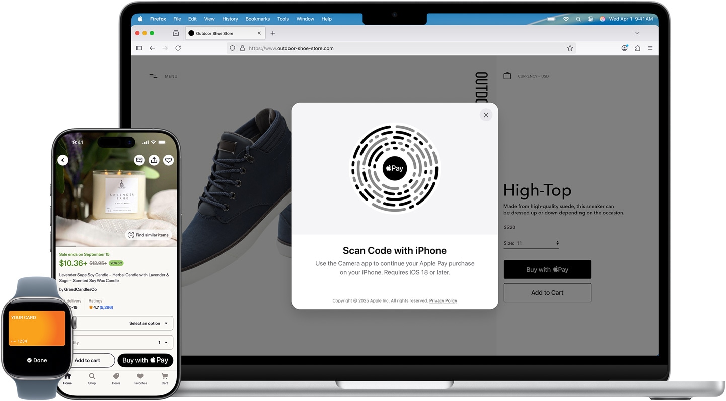 Egy Apple Watch, egy iPhone és egy MacBook egymás mellett. Az Apple Watchon egy American Express hitelkártya jelenik meg. Az iPhone-on egy gyertya Etsy-termékoldala jelenik meg, ahol Apple Payjel lehet fizetni. A MacBookon egy termékoldal látható az Outdoor Shoe Store webhelyen, amelyen az Apple Pay rátétpanelje jelenik meg egy QR-kóddal, arra kérve a fizet?t, hogy az iPhone-ja segítségével folytassa a vásárlást.