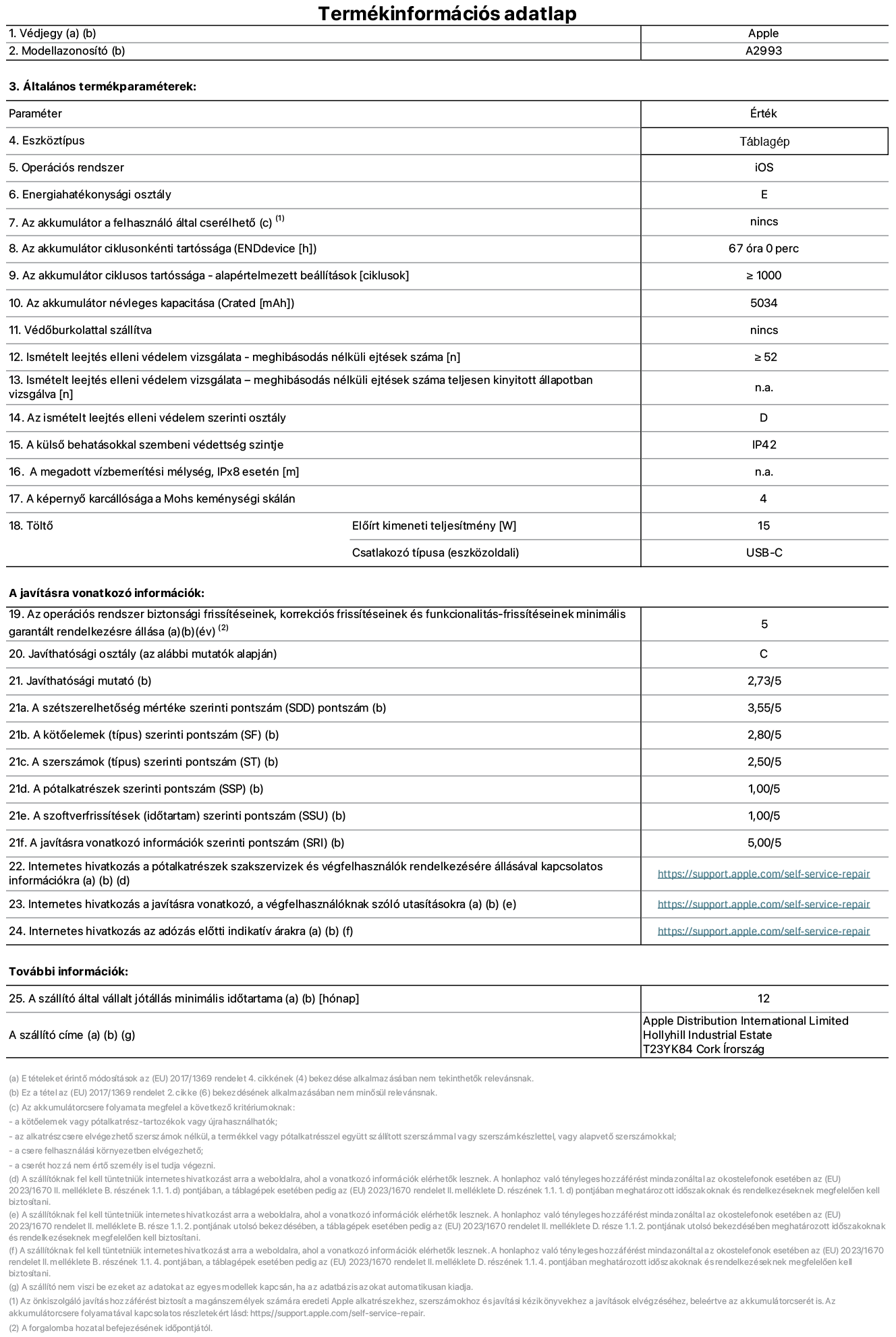 Az iPad mini Wi-Fi A2993?as modell termékinformációs adatlapja. Szállító: Apple Distribution International Ltd, Hollyhill Industrial Estate. Cork, írország T23 YK84. Eszk?ztípus: táblagép. Operációs rendszer: iOS. Energiahatékonysági osztály: E. Az akkumulátor a felhasználó által cserélhet?: nem. Akkumulátor tartóssága: 67 óra. Az akkumulátor ciklusos tartóssága: ≥ 1000. Az akkumulátor névleges kapacitása: 5034 mAh. Ismételt leejtés elleni védelem vizsgálata – meghibásodás nélküli ejtések száma: ≥ 52. Az ismételt leejtés elleni védelem szerinti osztály: D. A küls? behatásokkal szembeni védettség szintje: IP42. A képerny? karcállósága a Mohs keménységi skálán: 4. T?lt? El?írt kimeneti teljesítmény: 15 W. Csatlakozó típusa: USB-C. Az operációs rendszer biztonsági frissítéseinek, korrekciós frissítéseinek és funkcionalitás-frissítéseinek minimális garantált rendelkezésre állása: 5 év. Javíthatósági osztály: C. Javíthatósági mutató: 2,73/5. A szétszerelhet?ség mértéke szerinti pontszám: 3,55/5. A k?t?elemek szerinti pontszám: 2,80/5. A szerszámok szerinti pontszám: 2,50/5. A pótalkatrészek szerinti pontszám: 1,00/5. A szoftverfrissítések szerinti pontszám: 1,00/5. A javításra vonatkozó információk szerinti pontszám: 5,00/5. Internetes hivatkozás a pótalkatrészek szakszervizek és végfelhasználók rendelkezésére állásával kapcsolatos információkra: https://support.apple.com/self-service-repair. Internetes hivatkozás a javításra vonatkozó, a végfelhasználóknak szóló utasításokra: https://support.apple.com/self-service-repair. Internetes hivatkozás az adózás el?tti indikatív árakra: https://support.apple.com/self-service-repair. 12 hónapos általános jótállás.