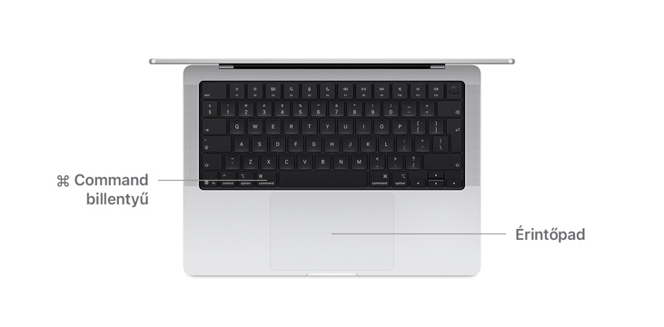 Egy 14 hüvelykes MacBook Pro felülnézetb?l a Command billenty? és az érint?pad elhelyezkedését jelz? vonalakkal.