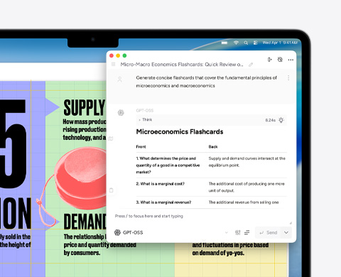 Egy MacBook Airen az Apple Intelligence íráseszk?z?k funkciójával készítenek mikro- és makr?konómiai tanulókártyákat