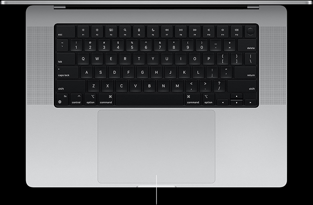 A felnyitott fedel? 16 hüvelykes MacBook Pro felülnézeti képe, melyen jól látszik a billenty?zet alatt elhelyezked? Force Touch érint?pad