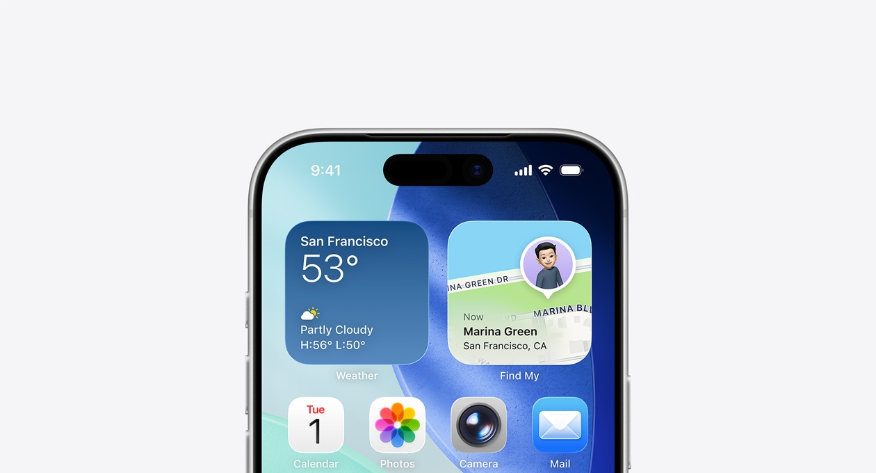 Egy iPhone kijelz?jének fels? része a f?képerny?vel, amelyen az Id?járás és a Lokátor widget látható a fels? sorban