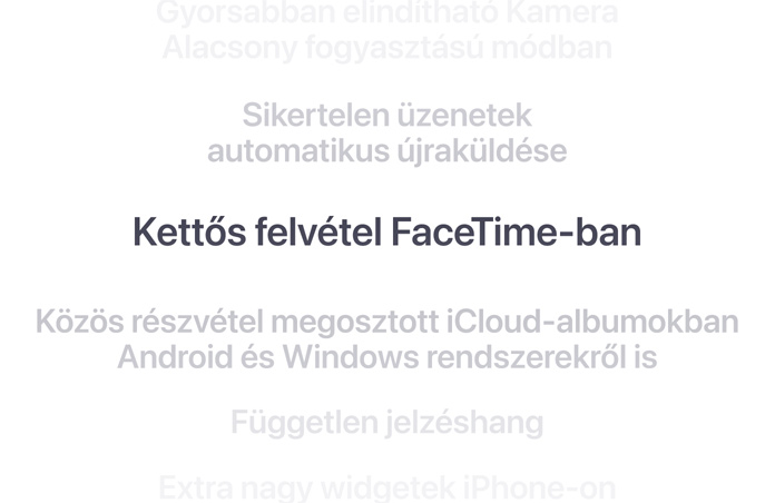 Táblázatba rendezett funkciók, k?zépen félk?véren a Kett?s felvétel FaceTime-ban. Az alatta és felette látható funkciók a háttérbe olvadnak.