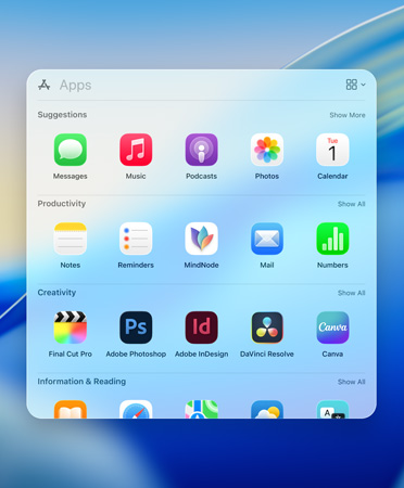 A?Spotlight b?ngészési menüje, amely az?appokat a?k?vetkez? kategóriák szerint sz?rve jeleníti meg: Segédprogramok, K?z?sségi, Hatékonyság, pénzügy, Szórakozás, valamint Információk és?olvasás