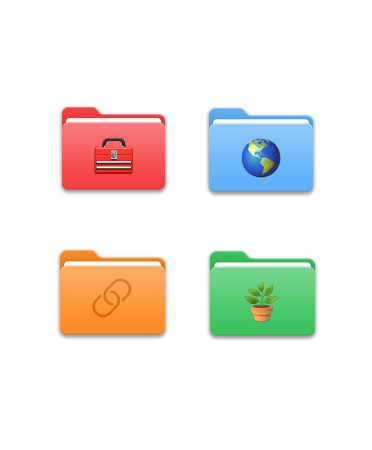 Empat folder File dalam pola grid, masing-masing memiliki warna berbeda, seperti merah, biru muda, oranye, dan hijau dengan berbagai ikon, seperti yogi, bola dunia, simbol tautan URL, dan tanaman.