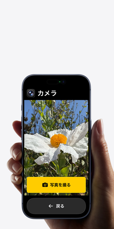 iPhone 17 Proの畫面に表示されている簡略化されたカメラアプリのインターフェイス。フレームに入った白い花の下に「寫真を撮る」ボタンと「戻る」ボタンが表示されている