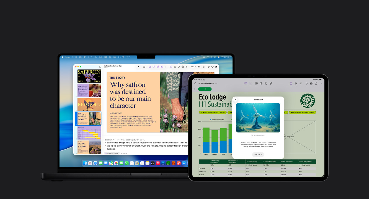 13インチiPad Proの畫(huà)面に、グラフ、表、グラフィックスを含むレポートのスライドが表示されている。16インチMacBook Proの畫(huà)面に、複數(shù)のスライドが左側(cè)に、生成された発表者ノートが下部にあるKeynoteのプレゼンテーションが表示されている