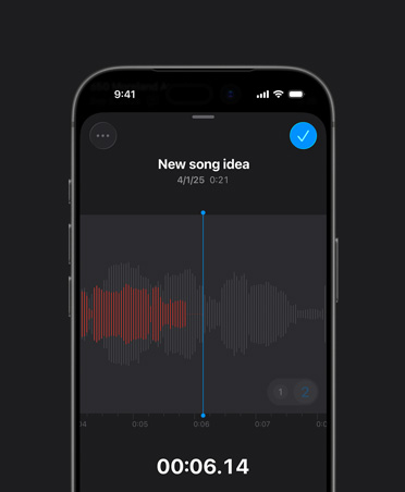 iPhone 16の畫(huà)面、Logic Proのボイスメモ、録音を示す赤い部分、音の波形、再生ボタン、「New song idea」、日付、再生時(shí)間