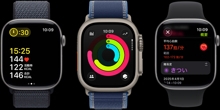 3つのApple Watchのデバイス。ワークアウトの測(cè)定値、アクティビティリング、ワークアウト後の詳しい情報(bào)が畫面に表示されている