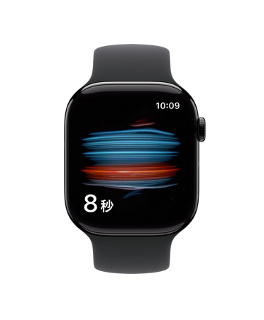 光沢のあるジェットブラックアルミニウムケースのApple Watch Series 11。ヘルスケアアプリで體に取り込まれた酸素のレベルをチェックしている。ブラックのスポーツバンドが取りつけられている