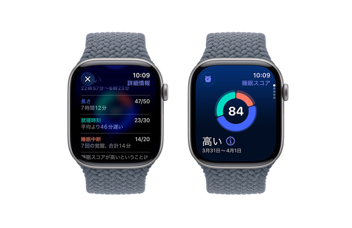 スペースグレイアルミニウムケースのApple Watch Series 11。睡眠スコアの通知が表示されている。右側(cè)面の外観にはDigital Crownがあり、アンカーブルーのブレイデッドソロループバンドが取りつけられている