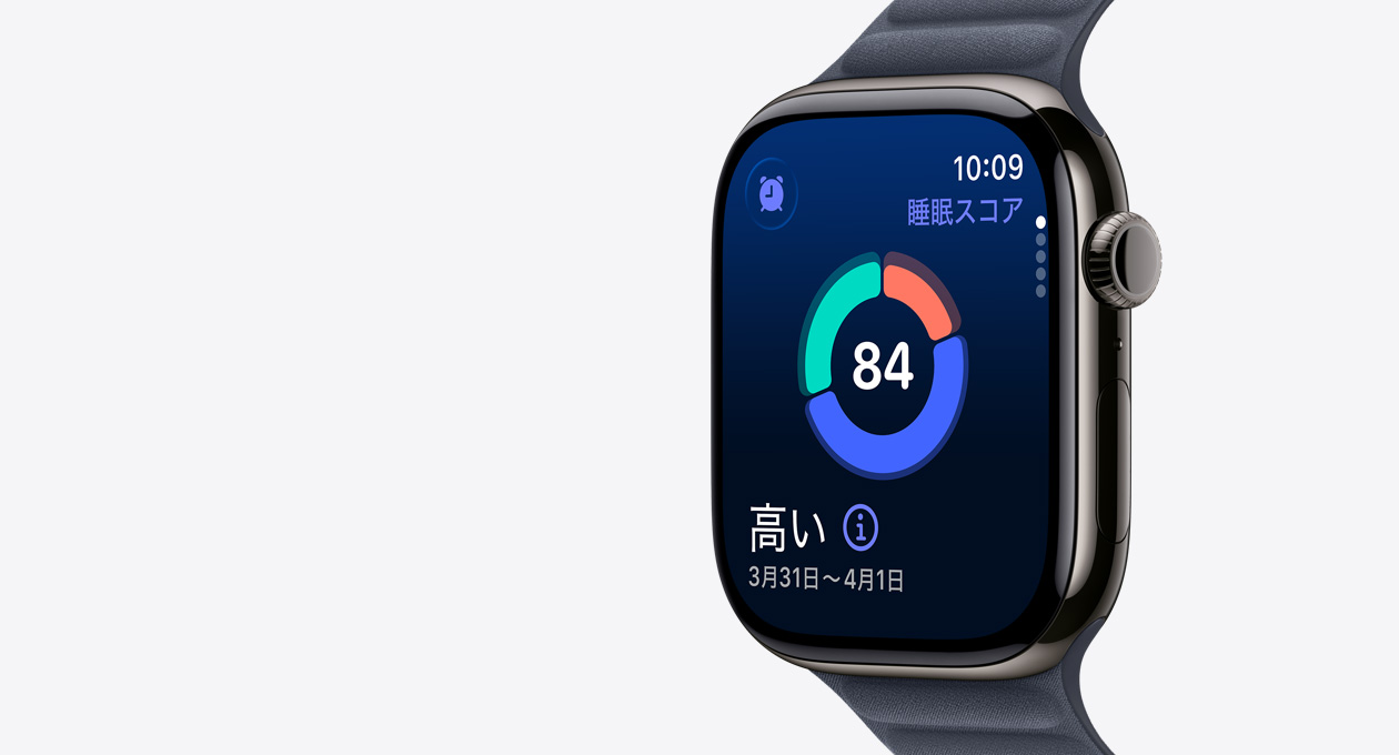 スレートチタニウムケースのApple Watch Series 11。スクリーンに睡眠スコアの円グラフが表示されている。右側(cè)面の外観、Digital Crown。バンドはネイビーのマグネティックリンク