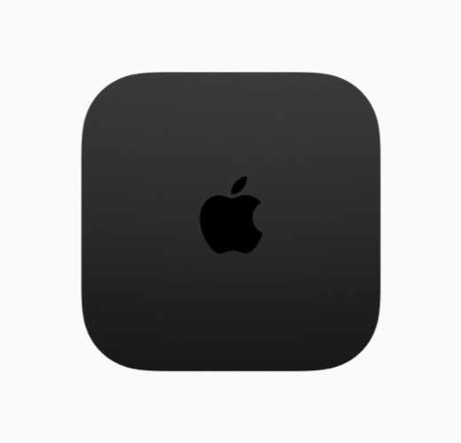 Apple TV 4Kの上から見た外観、カラーはブラック、光沢のあるブラックのApple TVのロゴ