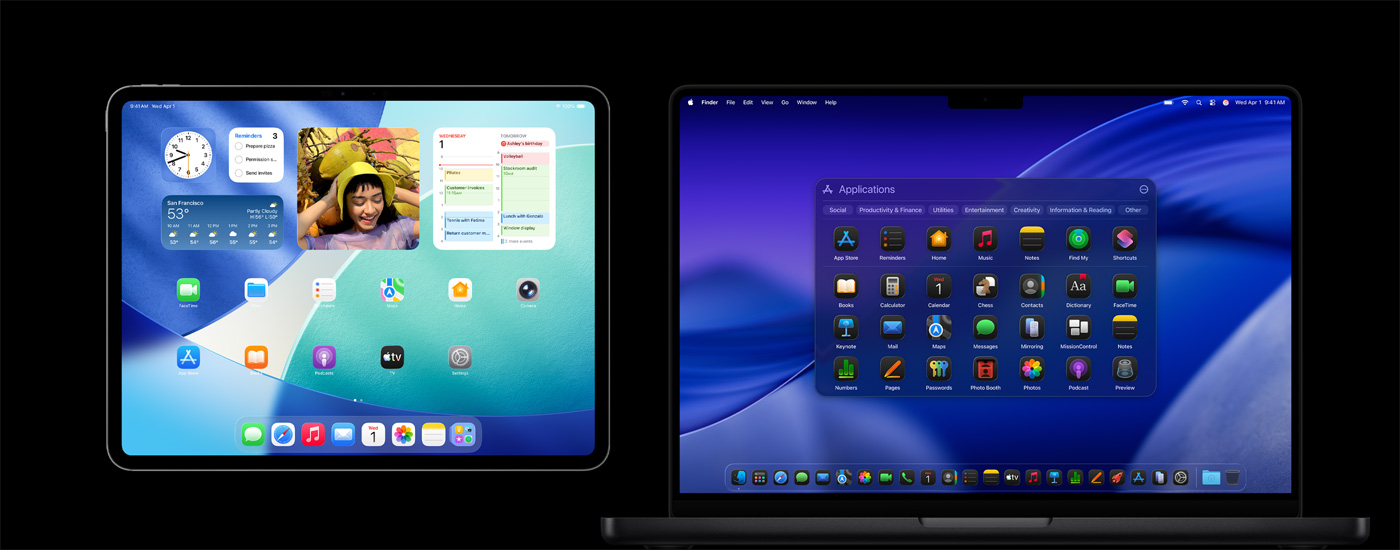 様々なアプリのアイコンが表示されているiPadとMac。iPadには、カレンダー、天気、寫真などのウィジェットが表示されている。Mac上ではその背景にmacOS Tahoe