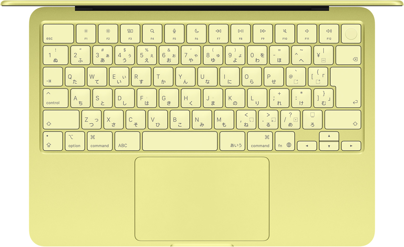 MacBook Neoを上から見(jiàn)た図。キーボード、フルサイズのファンクションキー列、Touch IDボタン、トラックパッド、カラーはシトラス