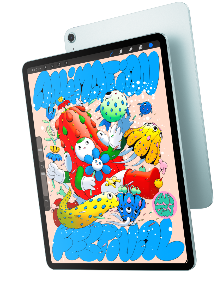 背面の外観が見えているブルーのiPad Airの手前に重なった、iPad Airの前面の外観。Procreateが表示された13インチモデルを紹介している