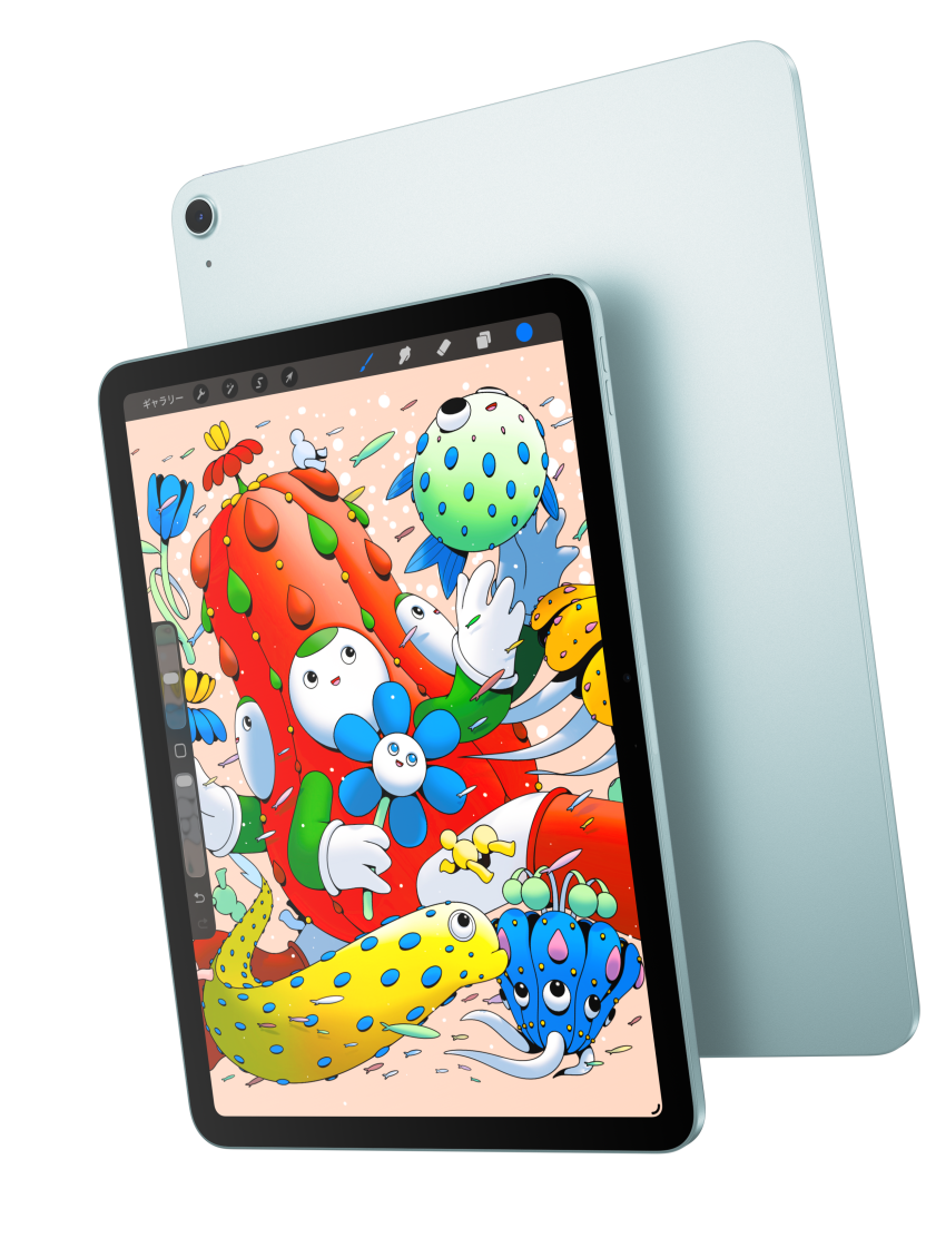 背面の外観が見えているブルーのiPad Airの手前に重なった、iPad Airの前面の外観。Procreateが表示された11インチモデルを紹介している