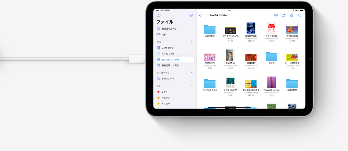 USB-Cケーブルを接続した橫向きのiPad mini。畫面にはファイルアプリが表示されている