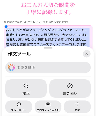 作文ツール機(jī)能が使用されている?！感Ｕ埂笗堡贰埂弗榨欹螗丧戛`」「プロフェッショナル」「簡(jiǎn)潔」のオプションが表示されている