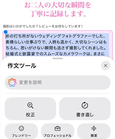 作文ツール機能が使用されている?！感Ｕ埂笗堡贰埂弗榨欹螗丧戛`」「プロフェッショナル」「簡潔」のオプションが表示されている