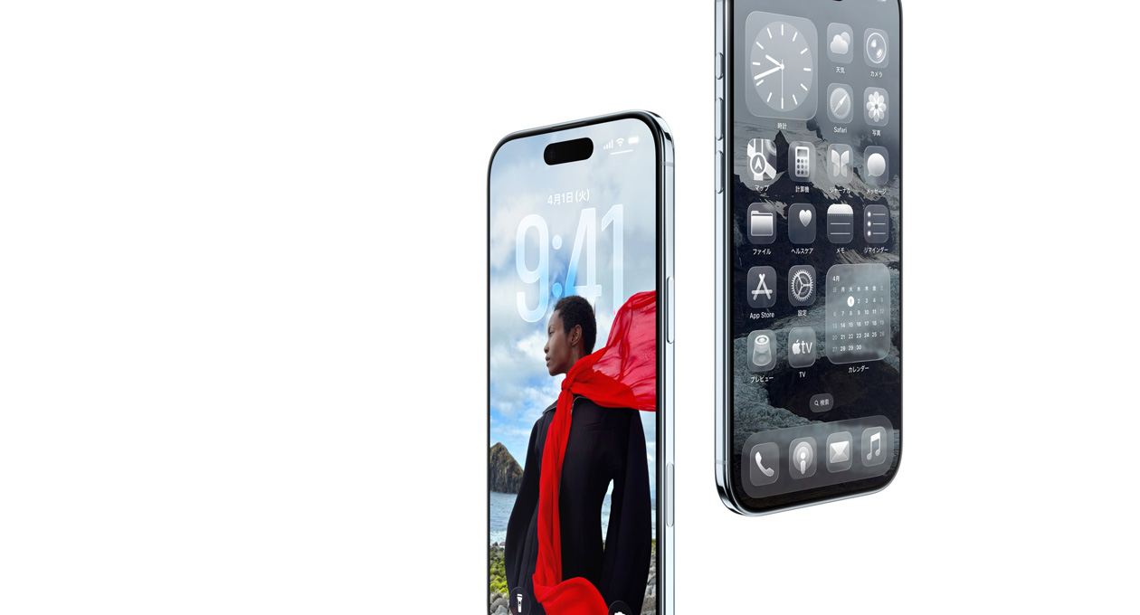 2臺のiPhone Airデバイスの前面と側(cè)面の外観。薄いデザイン、ダイナミックに変化するロック畫面、Liquid Glassのアプリアイコンを表示したホーム畫面