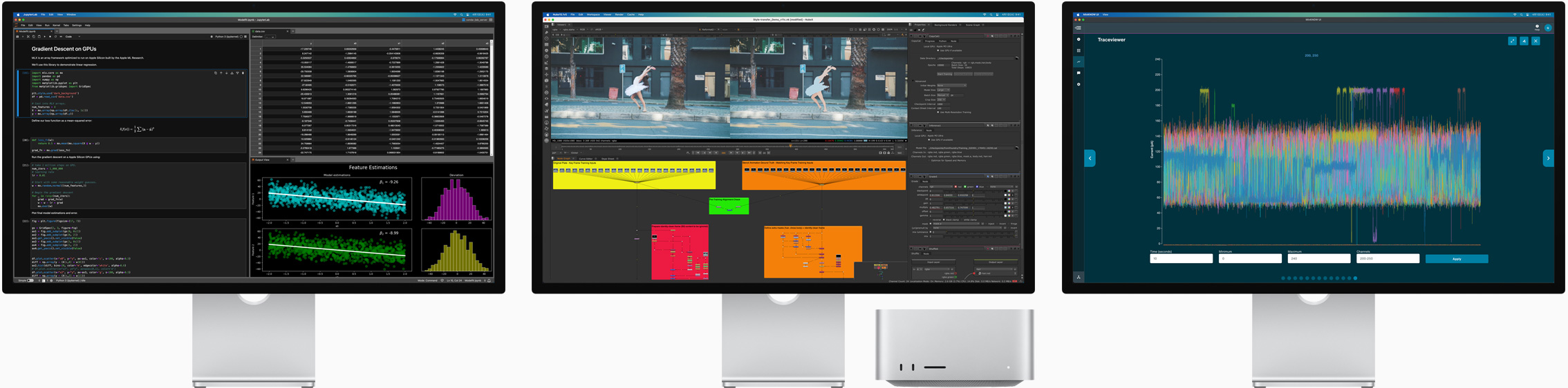 Mac Studioと3臺(tái)のStudio Display。それぞれのスクリーンに異なるmacOSアプリが表示されている