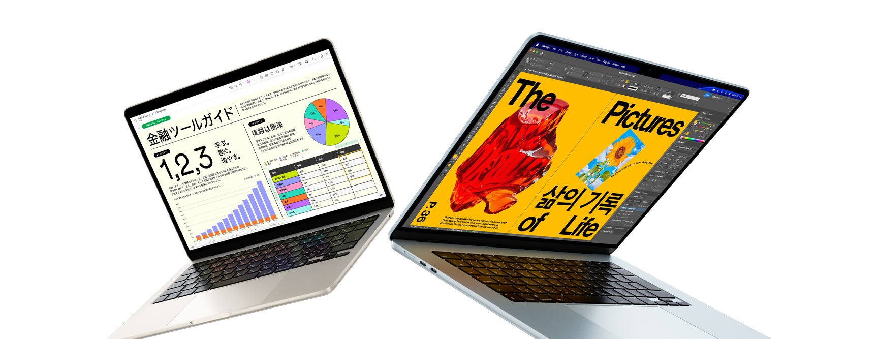 13インチと15インチMacBook Airノートブック。片方の畫面にはNumbersでの作業(yè)、もう片方の畫面にはデザイン作業(yè)が表示されている