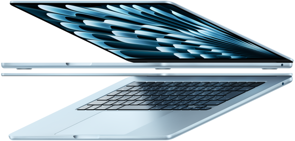 2臺のスカイブルーのMacBook Airノートブックが矢印のような形狀になっている。薄いデザインが強(qiáng)調(diào)されている