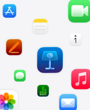 Apple製アプリ。Keynote、Pages、Numbers、ミュージック、寫(xiě)真、メモ、カレンダー、メール、FaceTime、メッセージ、App Store