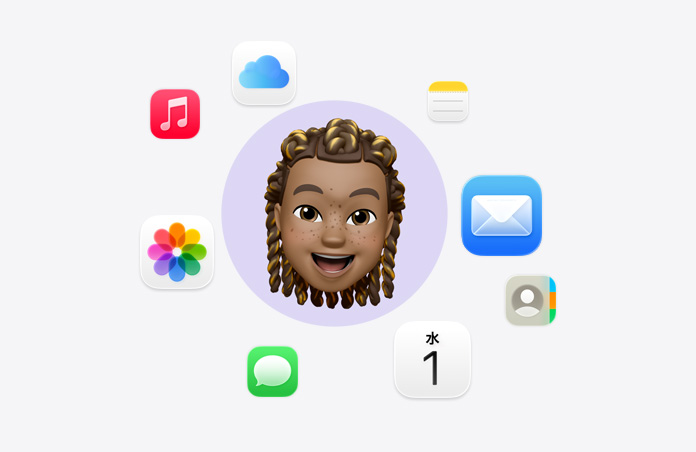 様々なアプリのアイコンに囲まれた笑顔の絵文字。ミュージック、iCloud Drive、メモ、メール、連絡(luò)先、カレンダー、メッセージ、寫(xiě)真
