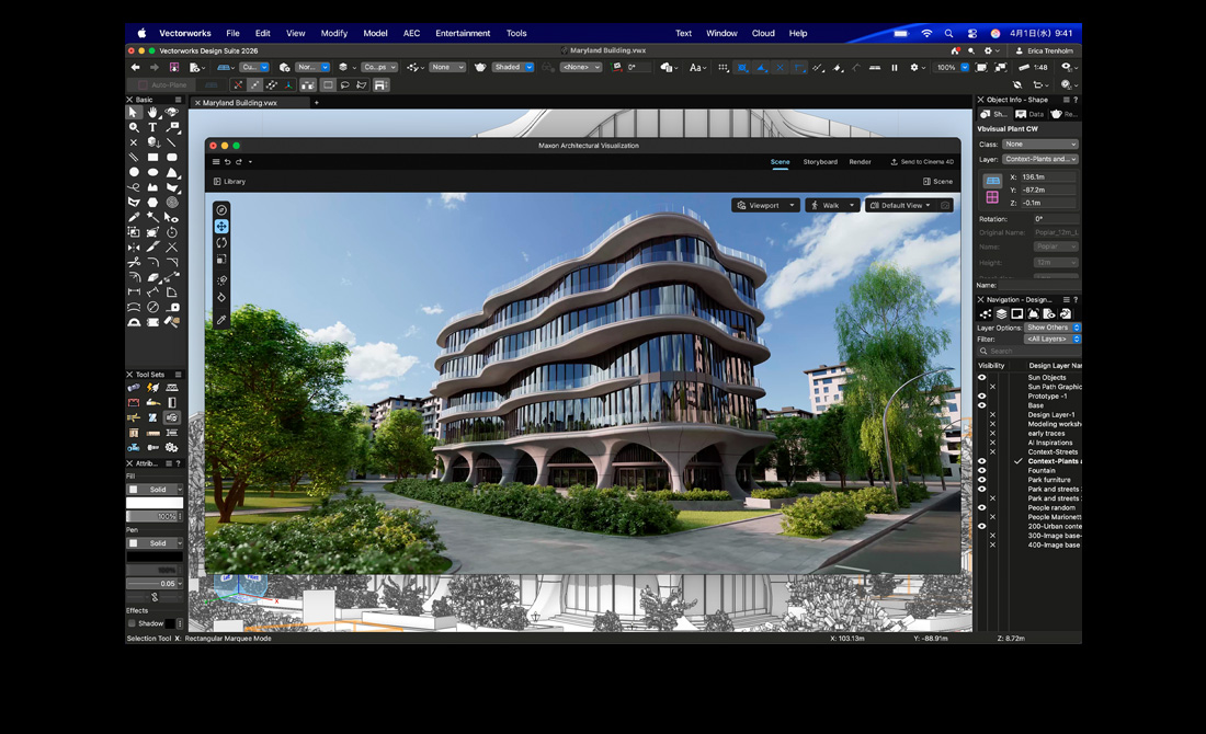 MacBook Proの畫面にVectorworks Design SuiteでMaxon Redshiftを使用する様子が表示されている