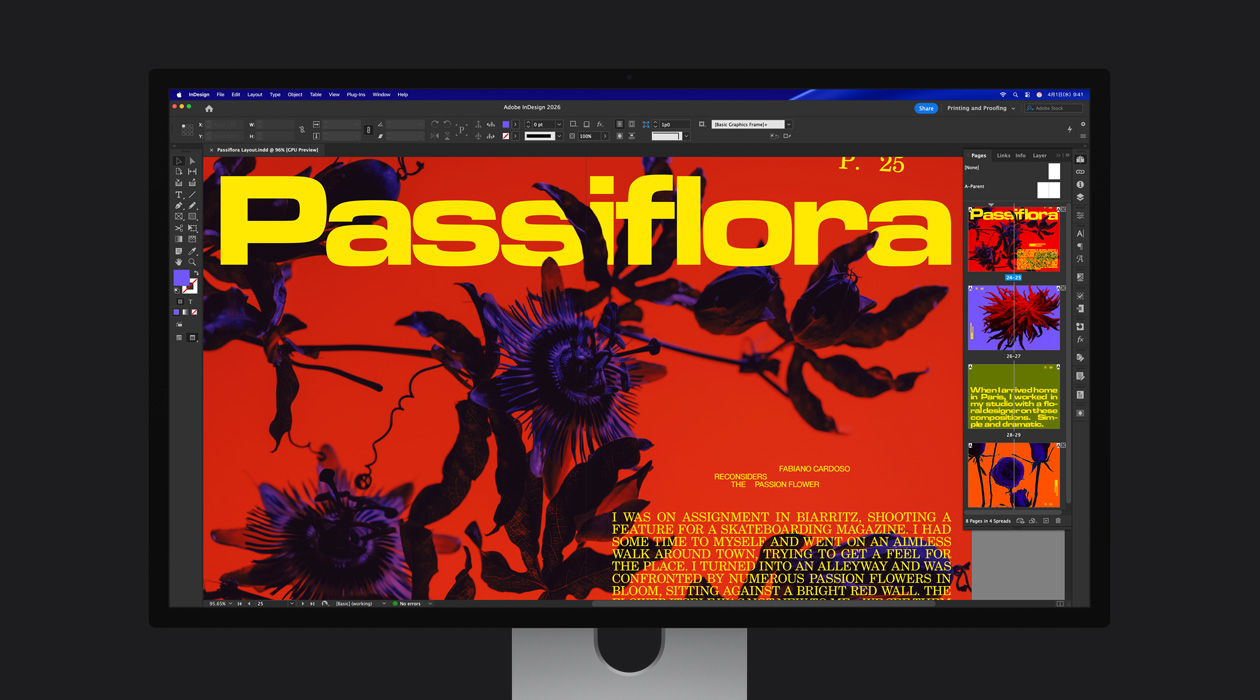 Adobe InDesign 2026のファイルが開いており、あざやかな雑誌の特集ページが表示されている。P3とAdobe RGBの色空間の幅広さを示している