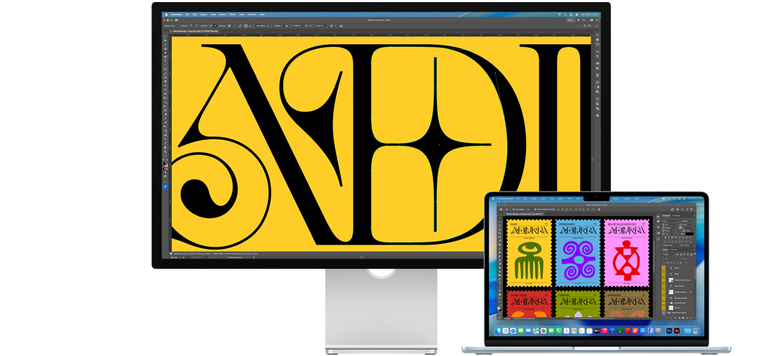 Studio DisplayとMacノートブック。複數(shù)のAdobeプログラムで作業(yè)中のプロジェクトが表示されている。Studio Displayには、深みのあるイエローの背景上に書かれたブラックのテキストが拡大表示されている。反射防止コーティングが映り込みを抑えている