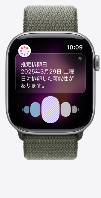 スペースグレイアルミニウムケースのApple Watch Series 11、ヘルスケアアプリの周期記録から推定される排卵日の通知が表示されている。Digital Crown、フォレストカラーのスポーツループ