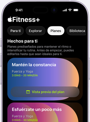 La pantalla de un iPhone muestra la pesta?a Planes de Fitness+, con las opciones Hechos Para Ti: Mantén la Constancia y Esfuérzate un Poco Más