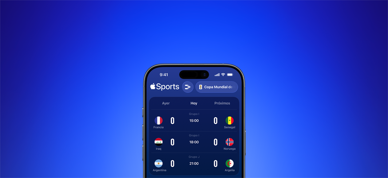 App Apple Sports en un iPhone que muestra los partidos del día de la Copa Mundial de la FIFA 2026, pesta?a Hoy seleccionada