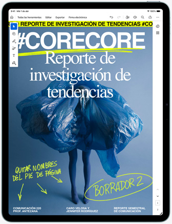 iPad Air, parte frontal, muestra el lector de PDF Adobe Acrobat con un proyecto de dise?o en curso