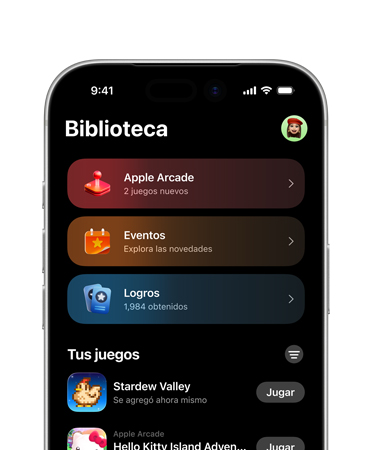 iPhone, la mitad superior de la pantalla muestra el dise?o de la app Juegos, incluida la pesta?a Biblioteca, con Apple Arcade, Eventos, Logros y la sección Todos los Juegos