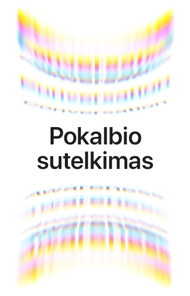 Aplinkos garso bangos vaizduojamos spalvingomis arkomis, vir?uje ir apa?ioje, centre pateikiamas tekstas: Pokalbio sutelkimas