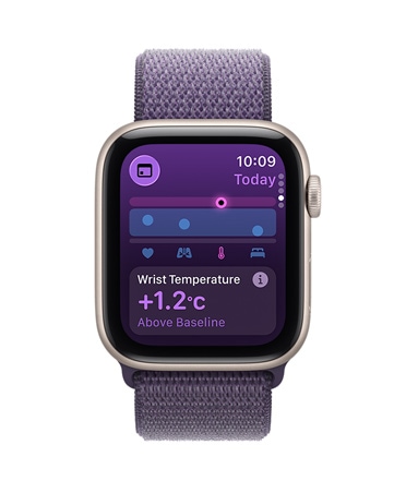 ?Apple?Watch?SE?3“, aliuminio korpusas, ?vaig?d?i? ?viesos spalva, rie?o temperatūros rodikliai, de?in?s pus?s i?or?, ?Digital?Crown“, sportin? apyrank?, violetin?s miglos spalva