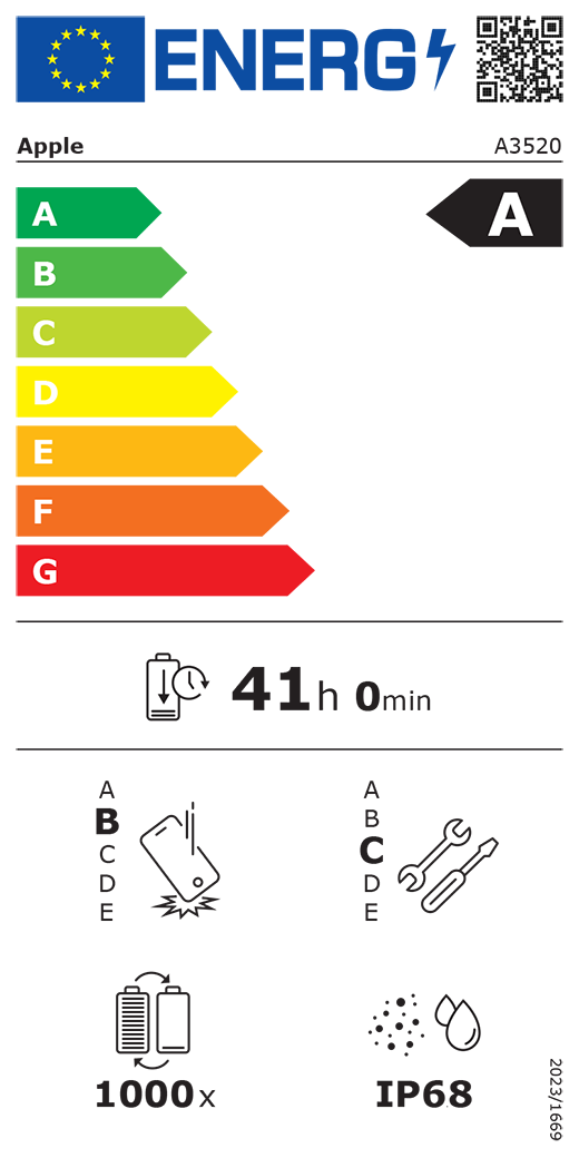 ES energijos vartojimo klas?s QR kodas ir informacija, ?Apple“ modelis A3520, A klas?, energijos vartojimo klas?s (skal? nuo A iki G), nuo A (did?iausias efektyvumas) iki G (ma?iausias efektyvumas), baterijos veikimo trukm? vienu ciklu, 41 val. ir 0 min. esant visi?kai ?krautai baterijai, pakartotinio laisvo kritimo patikimumo B klas?, nuo A (did?iausias patvarumas) iki E (ma?iausias patvarumas), pritaikymo remontuoti C klas?, nuo A (labiausiai pritaikytas remontuoti) iki E (ma?iausiai pritaikytas remontuoti), 1 000 baterijos veikimo cikl?, apsaugos nuo dulki? ir vandens (IP) klas? IP68, reglamentas 2023/1669