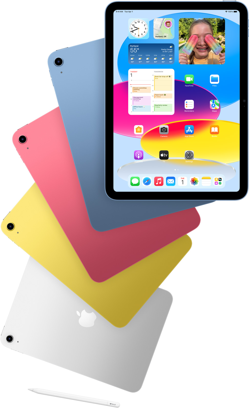 ?iPad“ vaizde i? priekio matosi pagrindinis ekranas su nusuktais m?lynu, rausvu, geltonu ir sidabriniu ?iPad“. ?Apple Pencil“ pad?tas ?alia i?d?styt? ?iPad“ modeli?.