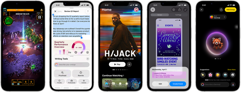 Vienas ?alia kito ?iPhone 17e“ telefonai su skirtingais ekranais: ?aid?iamas ?aidimas, ra?ymo ?rankiai, programa ?Apple TV“, kalendoriaus ?vykio kūrimas, ?Genmoji“ kūrimas
