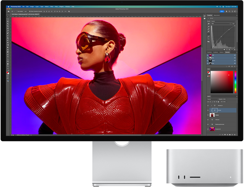 ?Studio Display“ ir ?Mac Studio“ greta, kuriuose naudojama programa ?Adobe Photoshop“