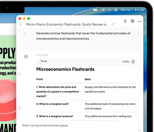 ?MacBook Air“ ekranas, kuriame rodomi ?Apple Intelligence“ ra?ymo ?rankiai, naudojami kurti mokymo korteles apie mikroekonomik? ir makroekonomik?