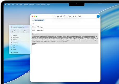 ?MacBook Air“ ekranas, kuriame rodomi ?Apple Intelligence“ ra?ymo ?rankiai, naudojami el. lai?kui ra?yti
