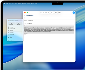 ?MacBook Air“ ekranas, kuriame rodomi ?Apple Intelligence“ ?Ra?ymo ?rankiai“, naudojami el. lai?kui ra?yti