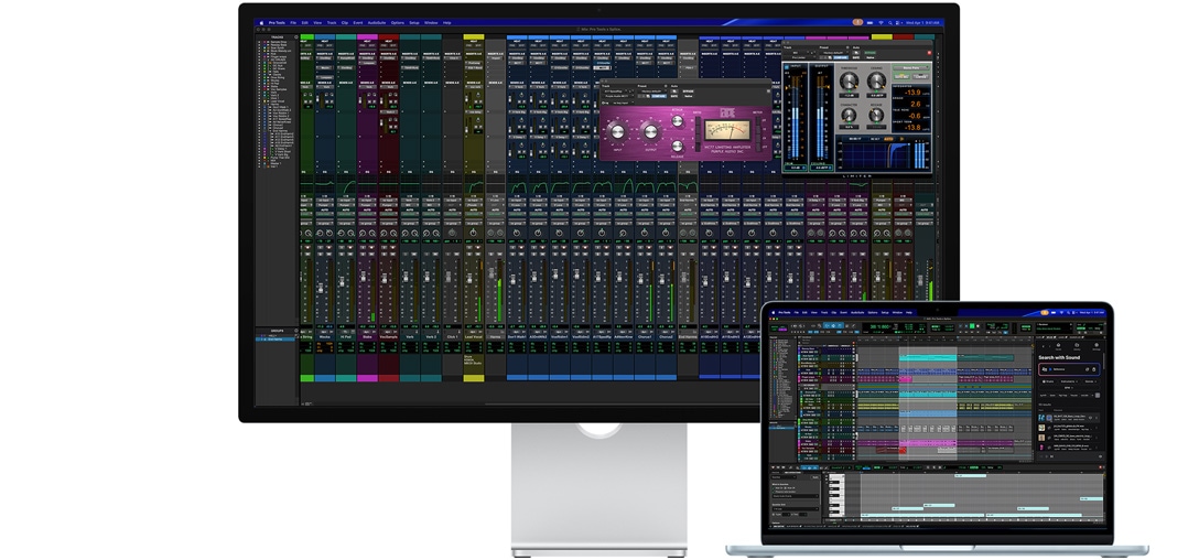 ?Studio Display“ ir ?Mac“ ne?iojamasis kompiuteris, rodantys sesij? ?Pro Tools“ programoje su ?Splice“ integracija; nanotekstūros stiklas suma?ina atspind?ius tamsiame programos ekrane